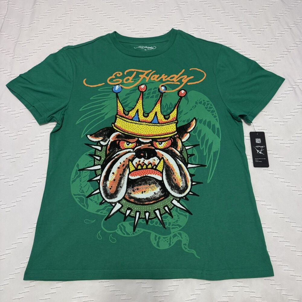 Ed Hardy Shirt Men's M Bulldog Graphic Print Rhinestones Tattoo Y2K Streetwear